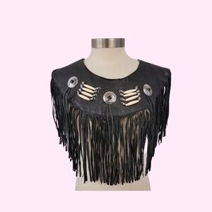 Vintage Ascot LEATHER FRINGE WESTERN CONCHO PONCHO VEST WRAP Black